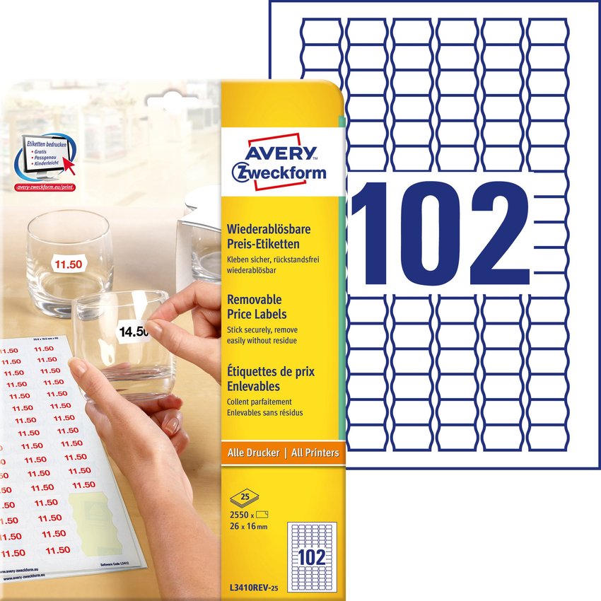Usuwalne Etykiety Cenowe Avery 26x16 102/A4 A'25 Białe No.L3410REV-25