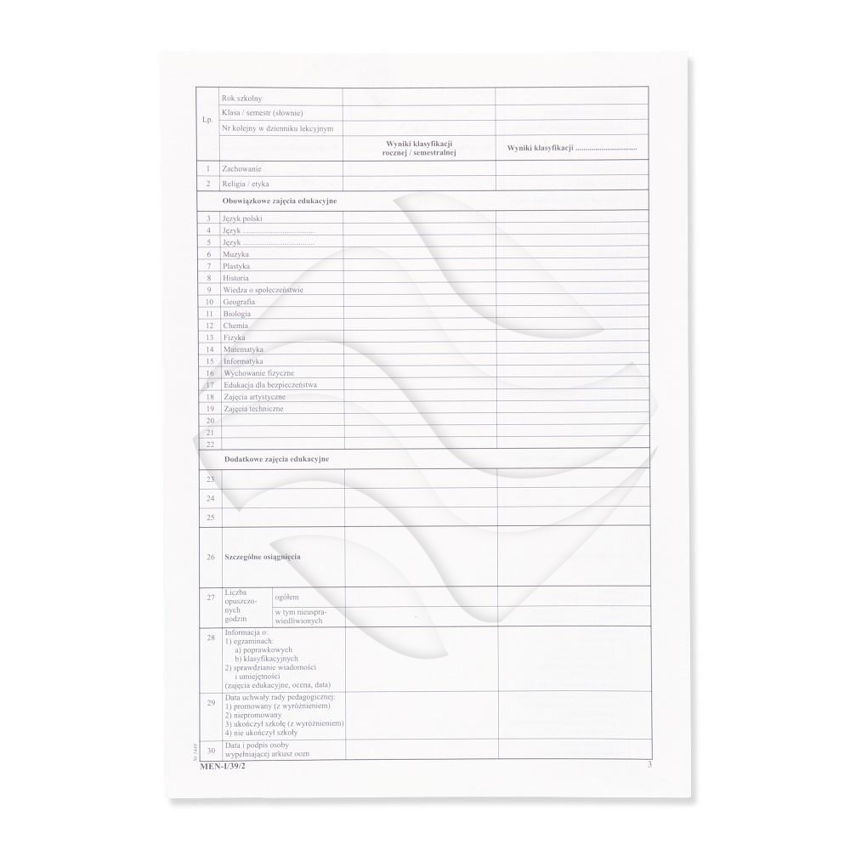 Arkusz Ocen dla Uczniów Gimnazjum (MEN-I/39/2) /W-X