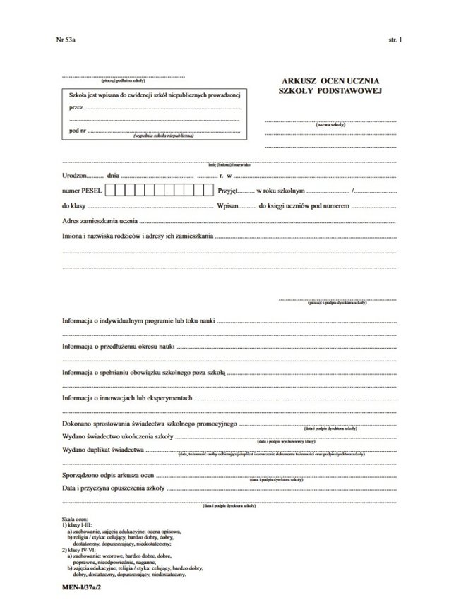 Arkusz Ocen dla Uczniów Szk. Podst. (MEN-I/37a/2)   4xA4 /W-X