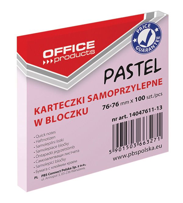 Bloczek Samoprzylepny 76x76 Różowy Pastel /Office Products