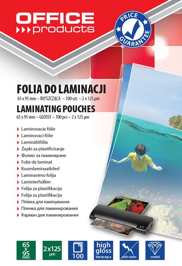 Folia Do Laminowania Office Products 65X95mm 2X125 mikr. Błyszcząca 100Szt. Transparentna