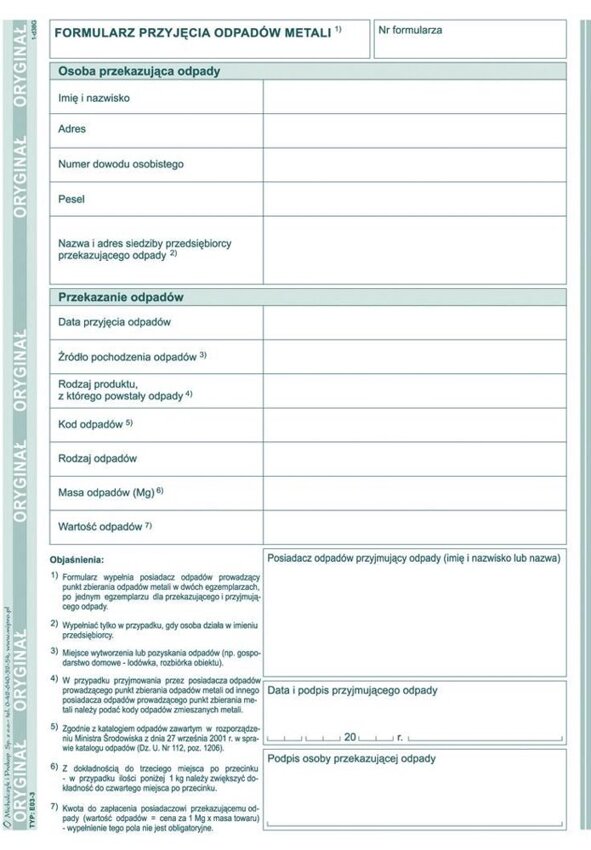 Formularz Przyjęcia Odpadów Metali A5 Offset E03-3 /MiP