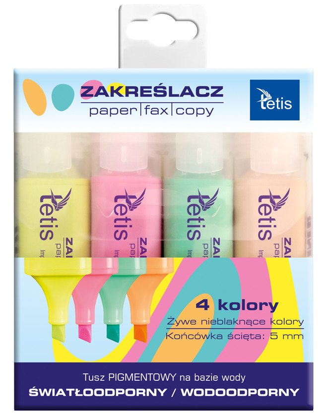 Komplet zakreślaczy płaskich pastelowych 4 kolory / Tetis