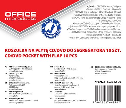 Koperty Na Płyty Cd/Dvd Office Products Do Wpinania PP 10Szt. Transparentny