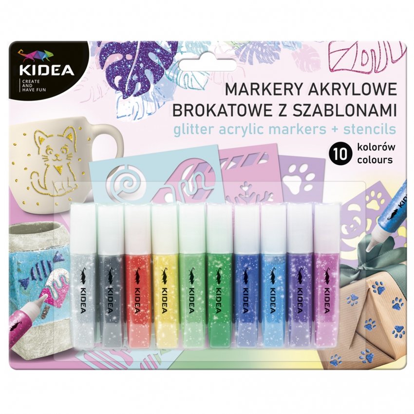 Markery Akrylowe 10kol + Szablony Brokatowe /Kidea