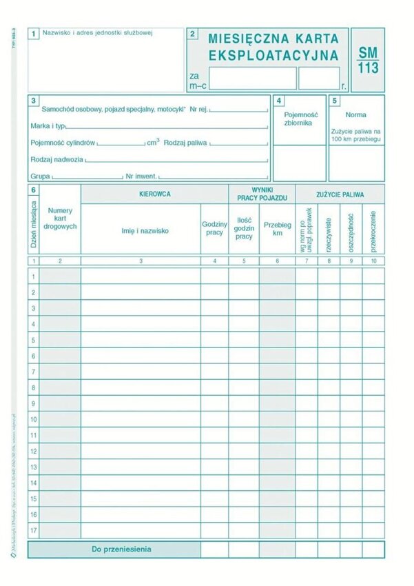 Miesięczna Karta Eksploatacyjna Sm/113 A5 Offset 803-3 /MiP