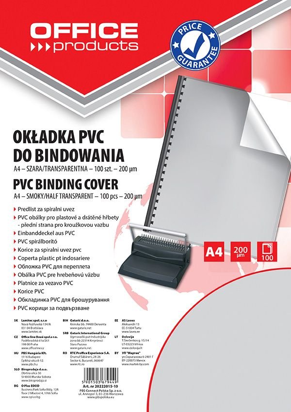 Okładki Do Bindowania Office Products PVC A4 200 mikr. 100Szt. Szare Transparentne