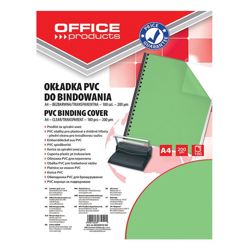 Okładki Do Bindowania Office Products PVC A4 200 mikr. 100Szt. Zielone Transparentne