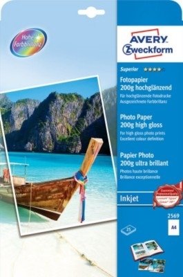 Papier Fotograficzny Powlekany 200g 25szt. Avery 210x297 Biały Wysokobłyszczący No.2569