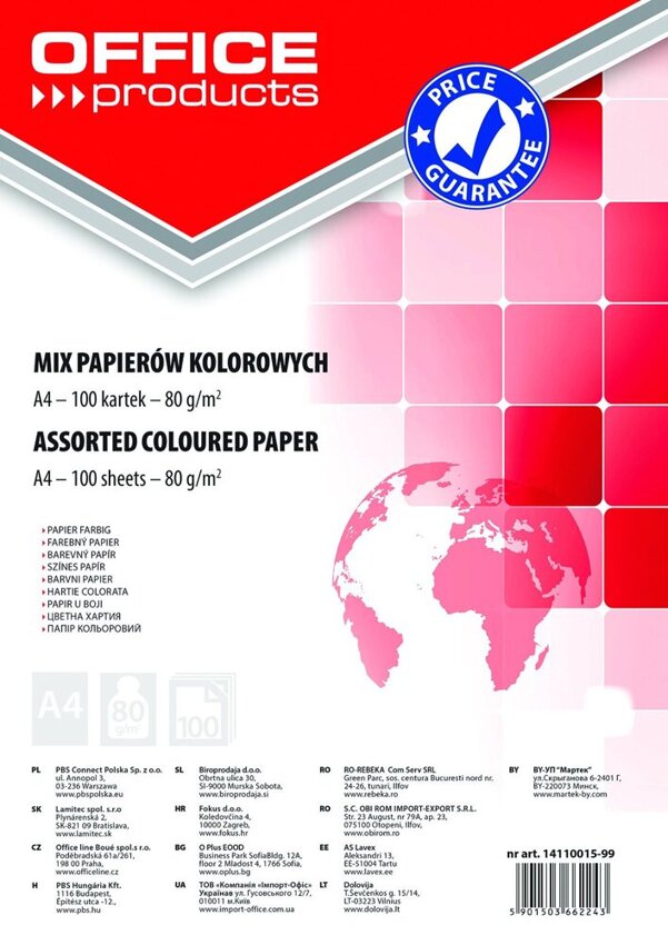 Papier Kolorowy Office Products A4 100 Arkuszy 80Gsm Mix Kolorów