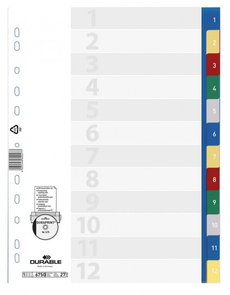 Przekładki A4 PP 1-12 Mix Kolorów /Durable 675027