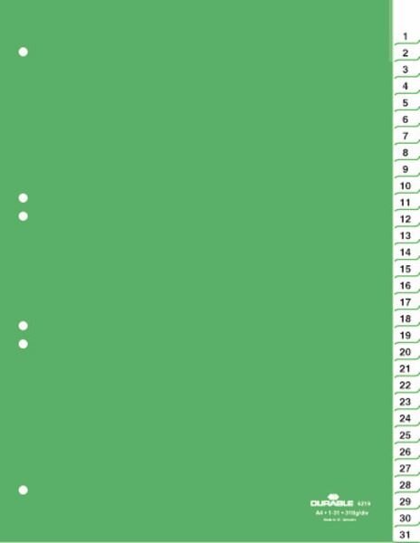 Przekładki do Segregatorów 1-31 Strona Tytułowa Zgrzewane PP A4 Zielone /Durable 621905
