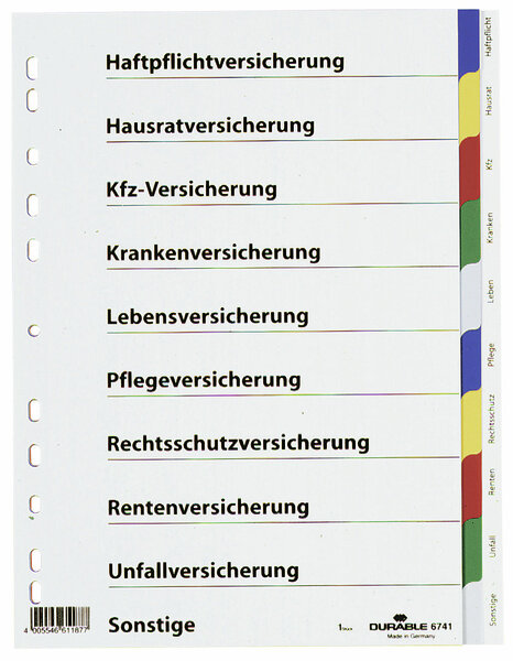 Przekładki do Segregatorów Czyste (10) Spis Treści Wykaz PP A4 Mix Kolorów /Durable 674127