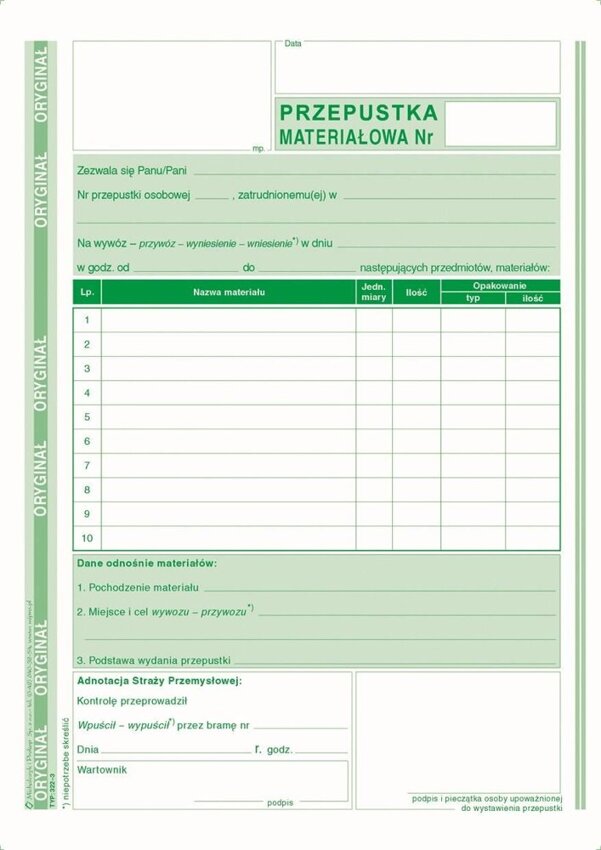 Przepustka Materiałowa A5 Oryg.+1k 322-3 /MiP