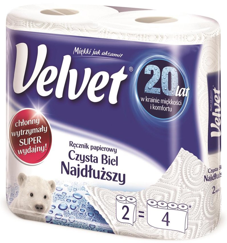 Ręczniki W Roli Celulozowe Velvet Najdłuższy 2-Warstwowe 90 Listków 2Szt. Białe