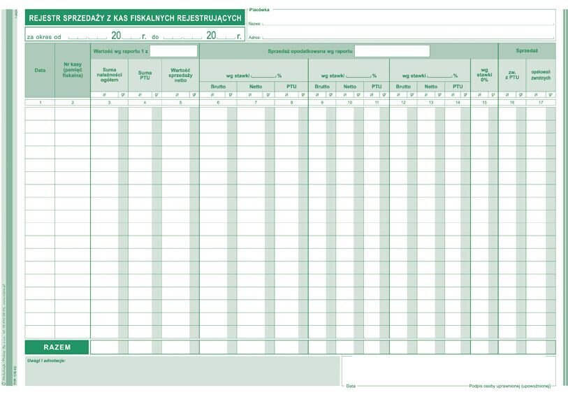 Rejestr Sprzedaży z Kas Fiskalnych A4 Poziom 170-1U /MiP