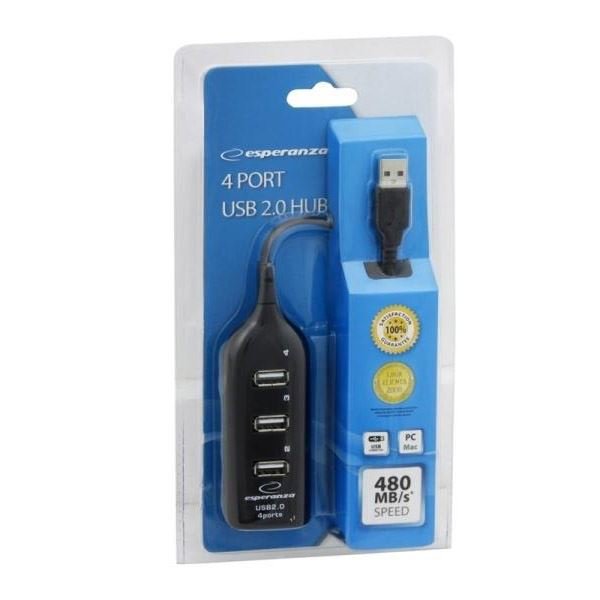 Rogałęźnik Podłużny USB 4 Porty USB 2.0 HUB CzarnySPEED 480MB/S (EA116) /Esperanza