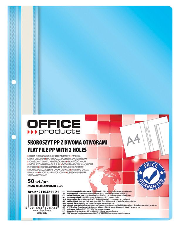 Skoroszyt Office Products PP A4 2 Otwory 100/170 mikr. Wpinany Jasnoniebieski