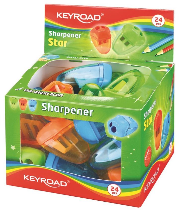 Temperówka Keyroad Star Plastikowa Podwójna Z Pojemnikiem Pakowane Na Displayu Mix Kolorów