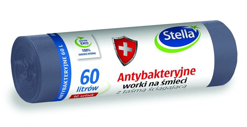 Worki na śmieci STELLA z taśmą ściągającą antybakteryjne 60l 10szt szare szary